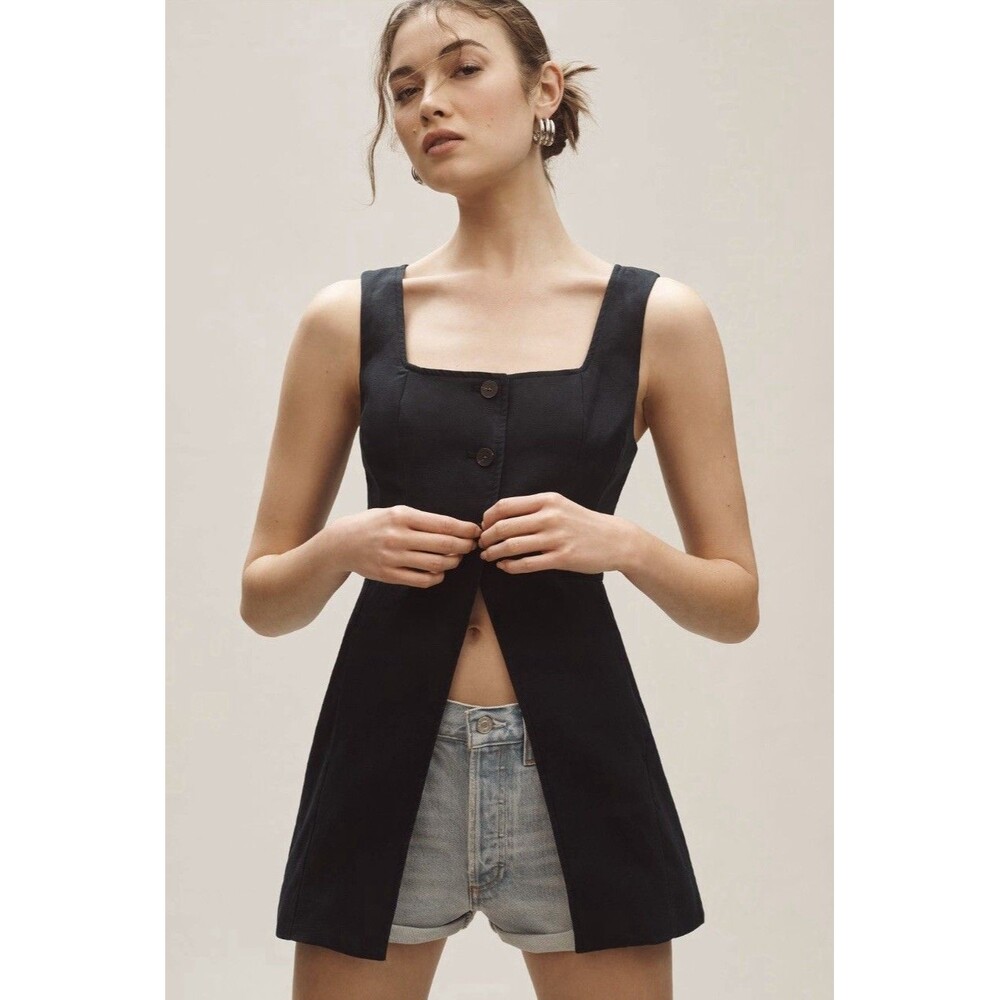 Anthropologie Linen Longline Cut Away Vest Sz 6 Black